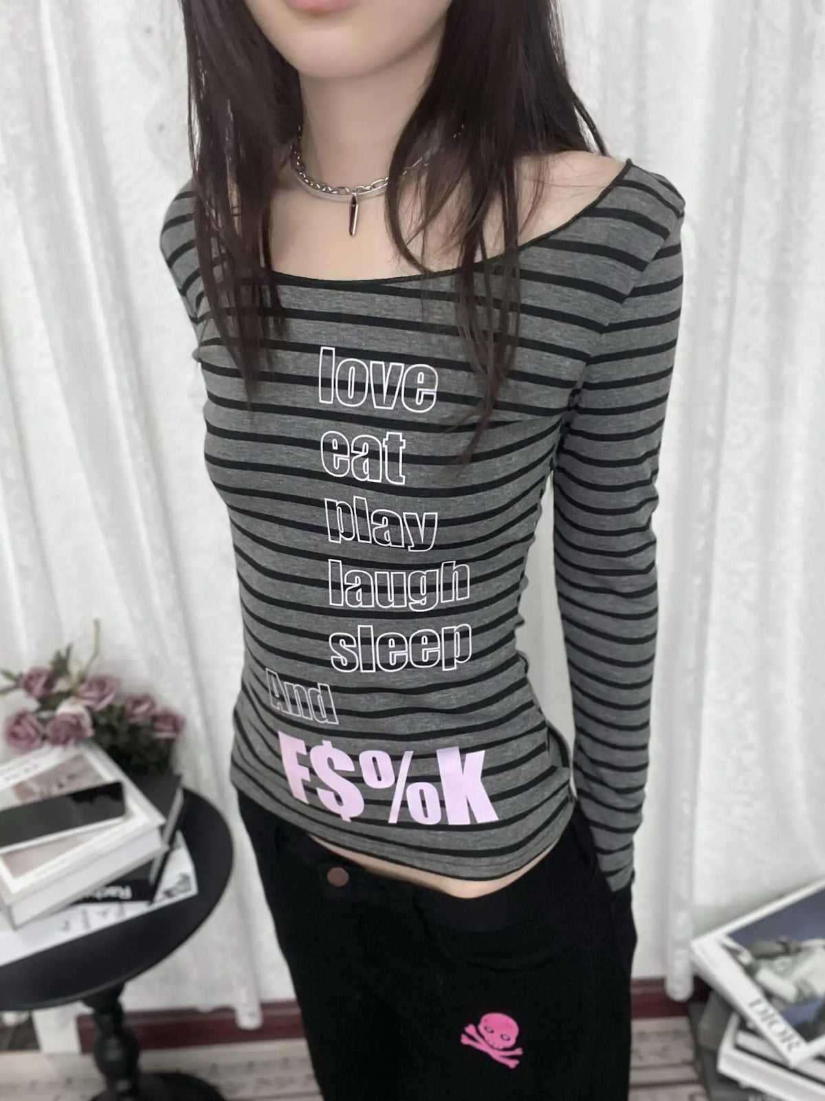 Lunivop Gothic Vintage T-shirt Women Long Sleeve Striped Print Graphic Tops Y2k Japanese 2000s Grunge Tops Streetwear Tshirts
