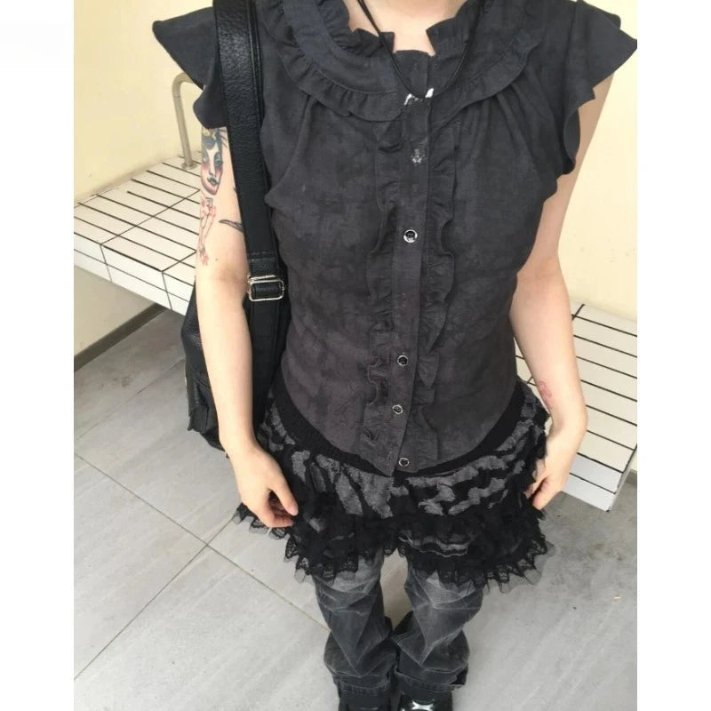 Lunivop  Subculture Y2k Aesthetics Pleated Tshirt Grunge Gothic Skull Print T-Shirts Gothic 2000s Tops O-neck Blouses Japanese Harajuku