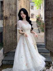 Lunivop  Soft Temperament Slimming Waist Floral Print Long Dresses 2025 Fairycore Princess Sleeves O-Neck Dress Damen kleider Summer New