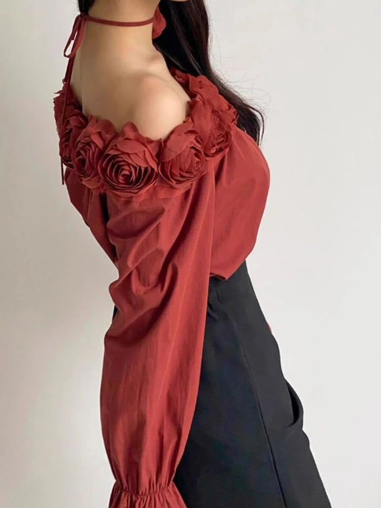 Lunivop 3D Floral Off Shoulder Red Blouse Women Elegant Long Sleeve Sexy Shirt Vintage Casual French Fall Female Single Breasted Tops