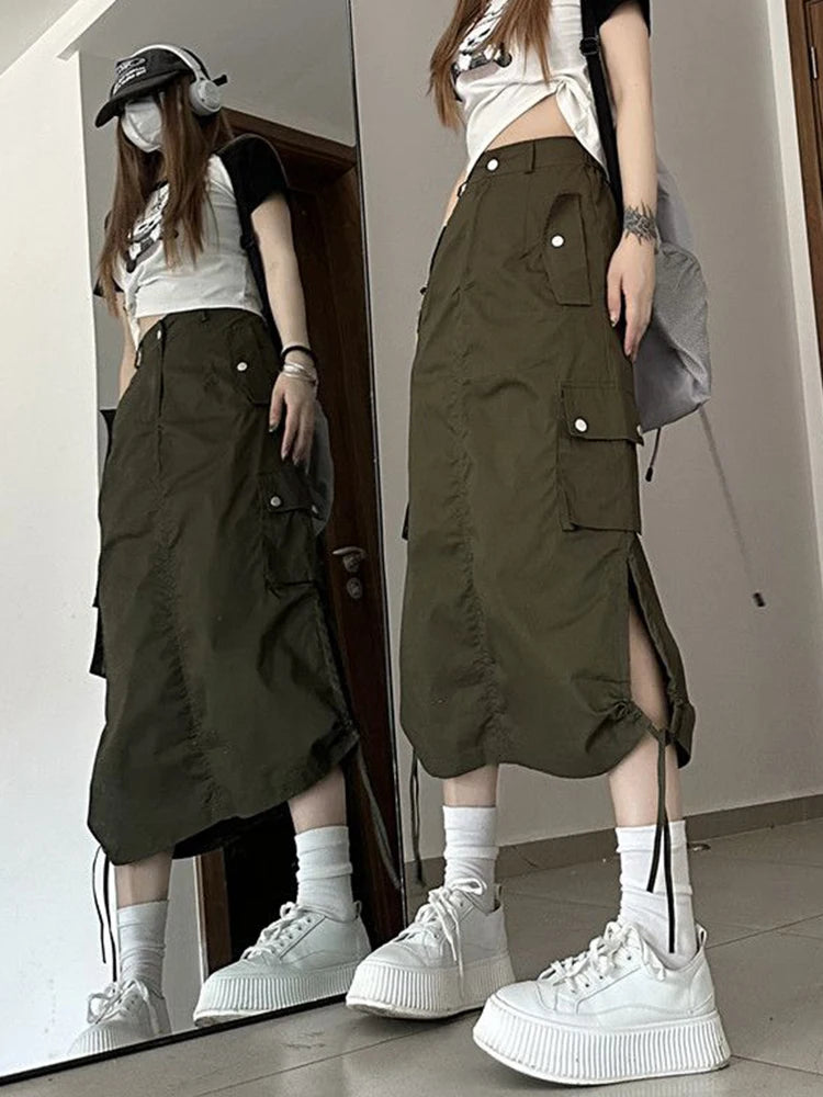 Lunivop American Retro Streetwear Cargo Skirt Women Fashion Slit Hip Hop Midi Skirts Summer High Waist Drawstring Pockets Skirt New