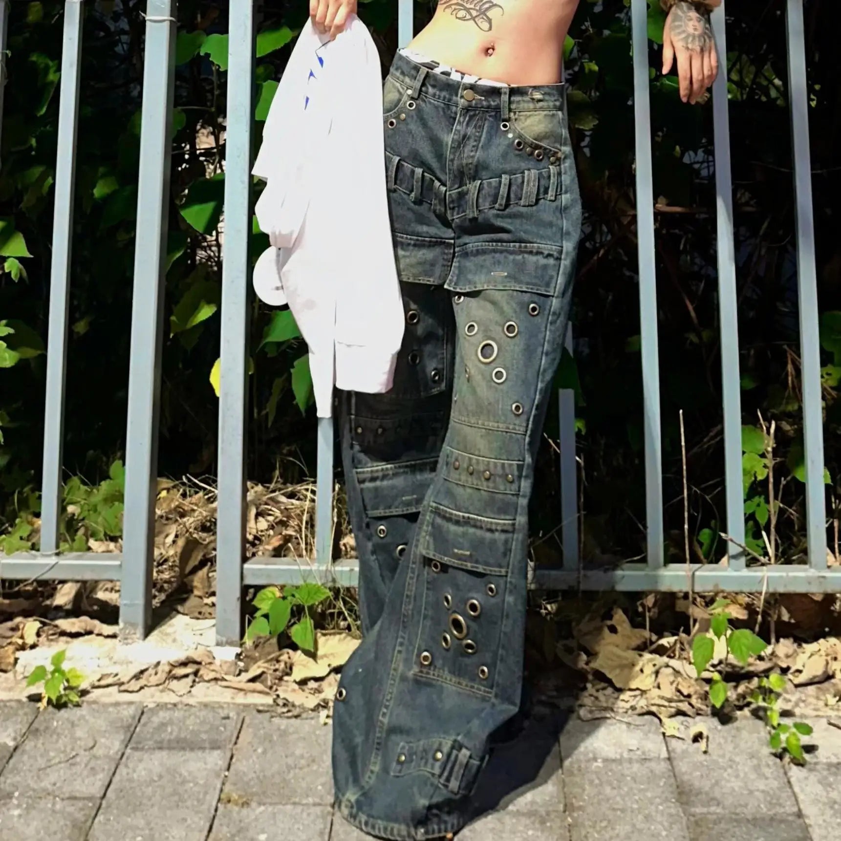 Lunivop Washed Distressed Rivet Jeans for Women Street Fashion Straight Jeans Harajuku Style Hip Hop High Street Y2k Trousers streetwear