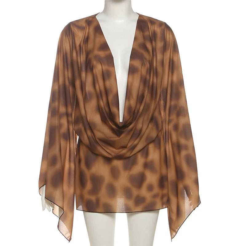 Lunivop  BKLD Vacation Sexy Chic Leopard Print Autumn New Short Dresses Women Full Sleeve Swinging Collar Draped High Waist Vestidos