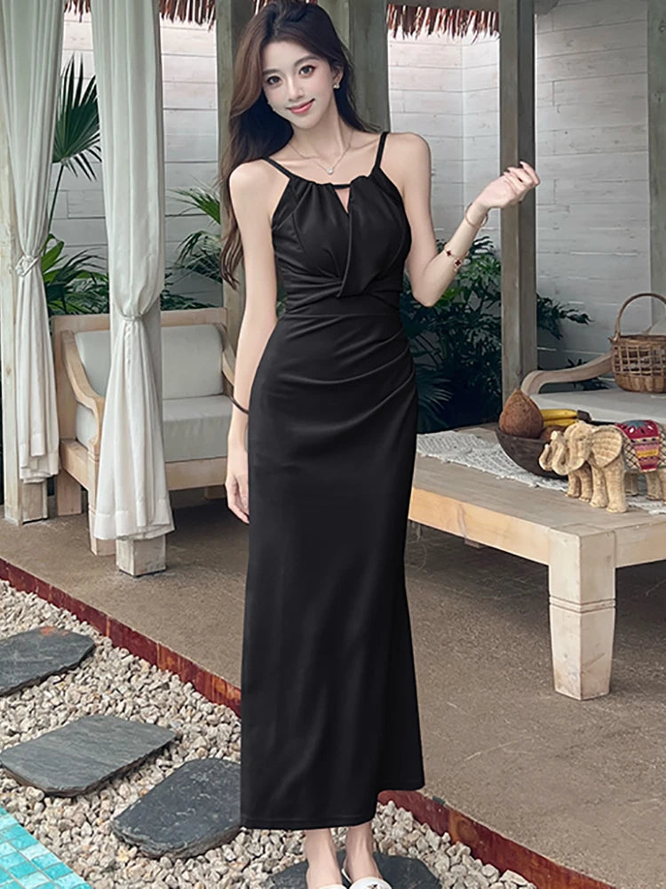 Lunivop  New Pink Pleated Bodycon Sling Sexy Long Dress Women Korean Vintage Luxury Dress Summer Elegant Festival Party Night Dress