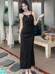 Lunivop  New Pink Pleated Bodycon Sling Sexy Long Dress Women Korean Vintage Luxury Dress Summer Elegant Festival Party Night Dress