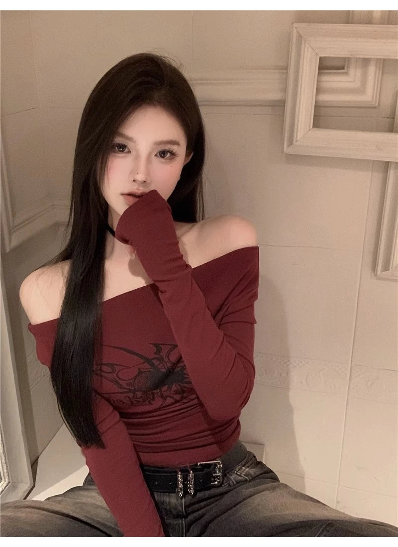 Lunivop Gothic Print Grunge T Shirt Women Long Sleeve Off Shoulder Y2k Vintage Tops Streetwear Korean Style Crop Top Autumn Winter
