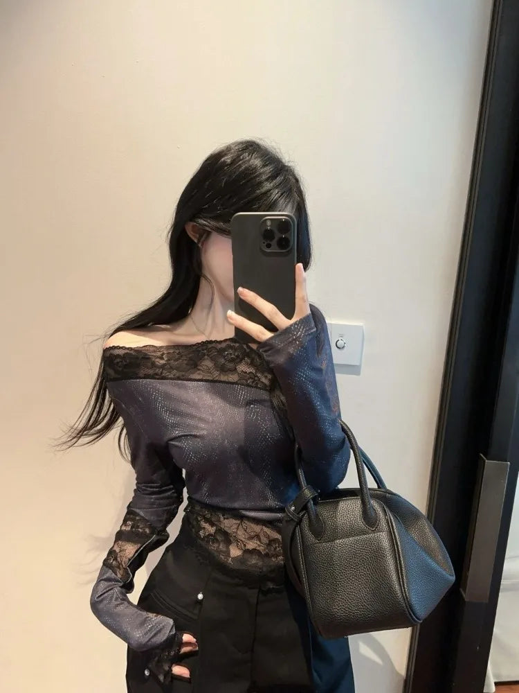 Lunivop  Y2k Lace Patchwork Vintage Long Sleeve T-shirts Summer Irregular Slim Fit Top for Women 2025 New Long Sleeve Tee Shirt