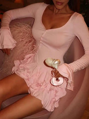 Lunivop  Sexy V Neck Flare Sleeve Mini Dress for Women Slim A Line Dress Ruffle Hem Irregular Single Breasted Design Party Night Out Robe