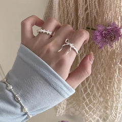 Lunivop Romantic Lovely Silver Color Bow Tie Ribbon Rings for Women Exquisite Fashion Geometric Lines Open Finger Ring Jewelry Gift