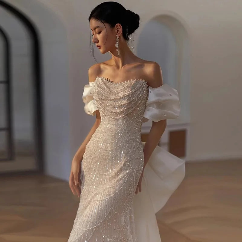Lunivop Heavy shoulder temperament light luxury small fish tail welcome banquet dress