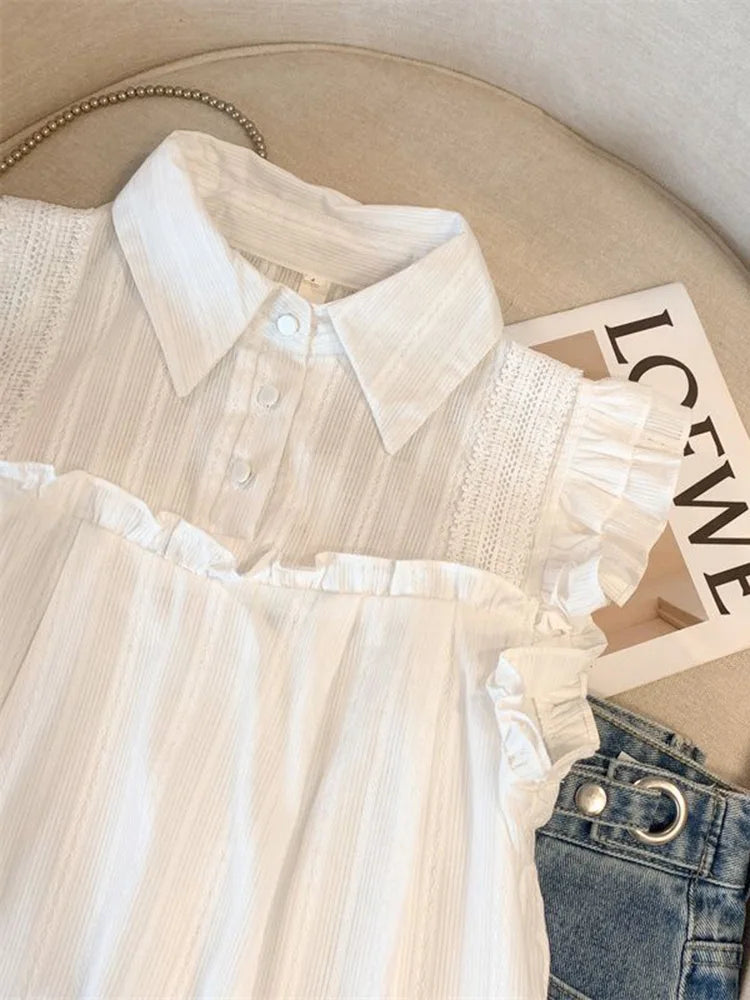 Lunivop  Elegant Sweet White Shirt Women Casual Ruffles Flying Sleeve Blouse Summer Cute Loose Design Female All Match Vintage Tops