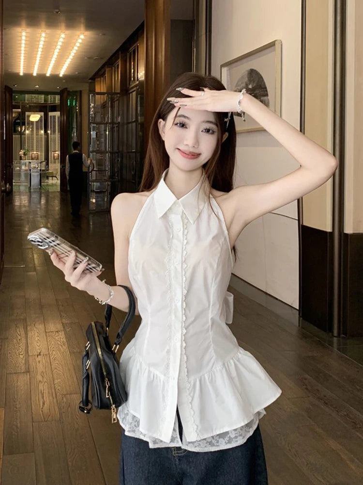 Lunivop  Sexy Backless Bow Shirt Women Sweet Lace Patchwork Slim White Blouse French Vintage Elegant Lady Summer Hollow Out Tops New