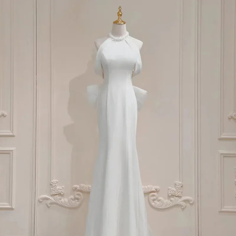 Lunivop  Satin Solid Design Halter Beading Wedding Party Dress Temperament Slim Fit Train Prom Vestidos Back Bow Design Evenin  formal dress