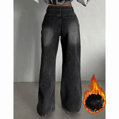 Lunivop  Winter Girls High Waist Straight Leg Fleece Jeans Lady Chic Thermal Plush Denim Pants Female Snow Warm Casual Trousers