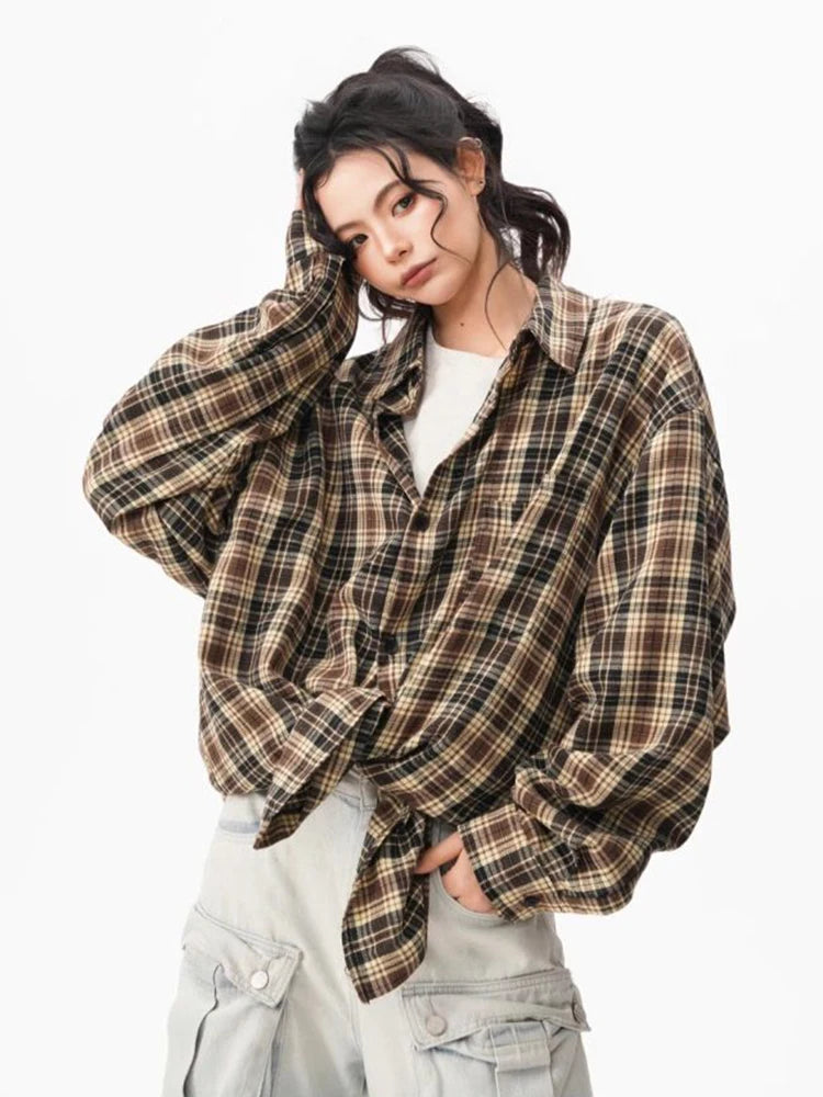 Lunivop Bf Harajuku Plaid Shirts Women Loose Oversize Hip Hop Streetwear Blouse Long Sleeve Vintage American Fall New Female Tops