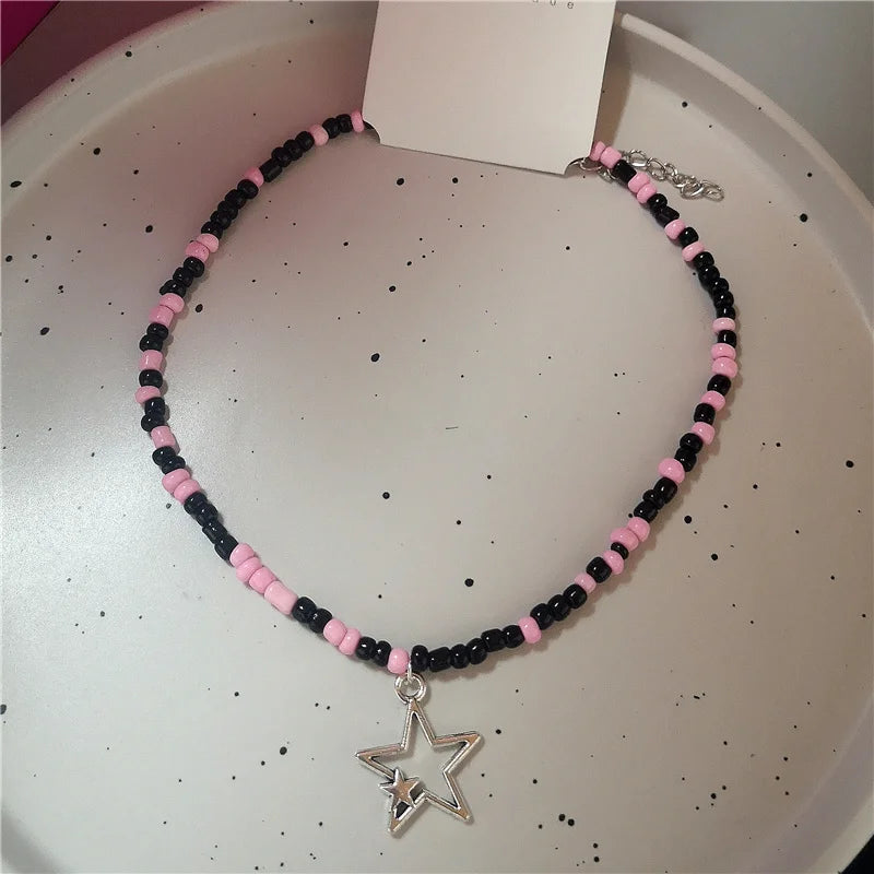 Lunivop Dopamine Pink Pendant Black Beaded Necklace For Women Sweet Cute Heart Flower Star Neck Chain Y2K Fashion Jewelry