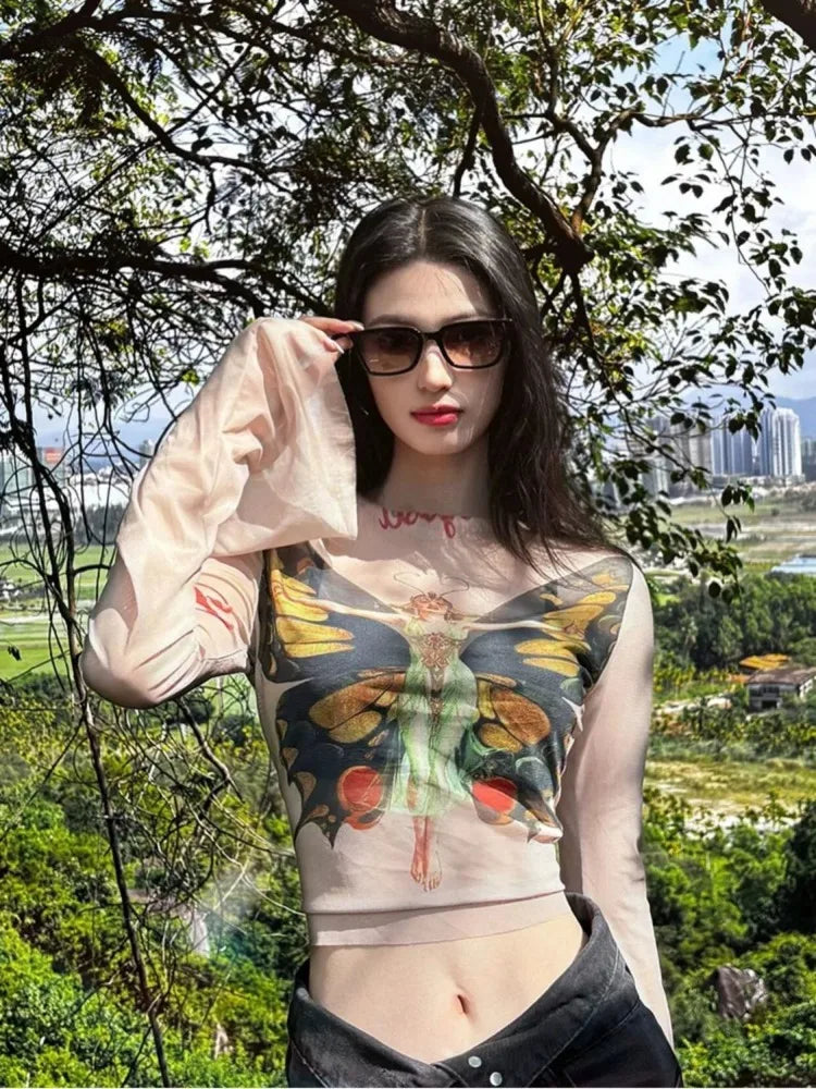 Lunivop  American Sweet Butterfly Printed T-shirt for Women Early Spring New Bottoming Tops Mujer Sexy Crop Top Slim Fit Tee Shirt