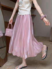 Lunivop Elegant Stain White Long Skirt Women High Waist Fashion Korean Sweet Skirts Casual Design Summer Gown Ball Long Skirts New