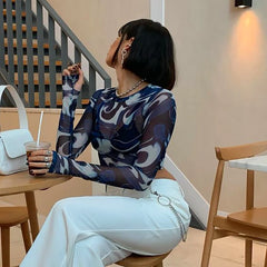 Lunivop Sexy Crop Top Y2K Vintage Harajuku Graphic Print Mesh Sheer T-shirt Long Flare Sleeve Slim Fit Women Clothes Aesthetic