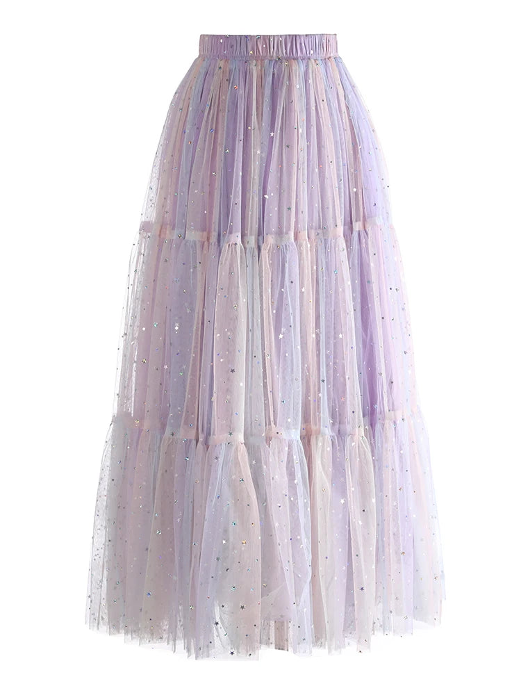 Lunivop Fashion Gradient Color Sequin Skirt Women's Large Swing Mesh Fluffy Skirts 2025 Summer New Tide