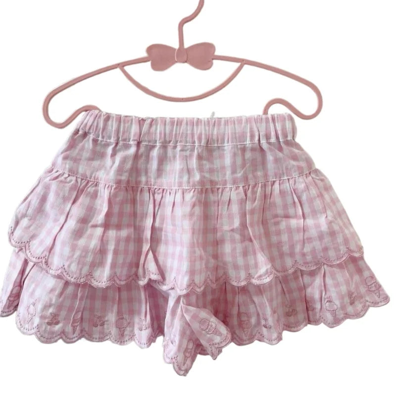 Lunivop Japanese Style Kawaii Mini Skirt Women Sweet Harajuku Lolita Plaid Skirts Pink Y2k Cutecore Summer A-line Ruffle Skirts