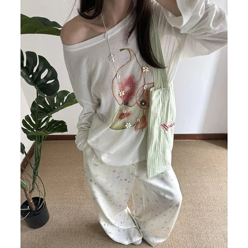 Lunivop Elegant Off Shoulder T Shirt Women Korean Style Transparent Long Sleeve Tees Y2k Thin Loose Vintage Streetwear Tops