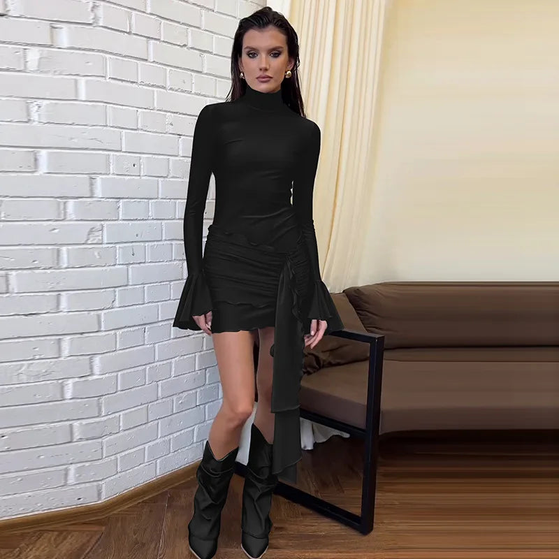Lunivop Stand Collar Long Flare Sleeve Bandage Ruched Bodycon Women'S Dresses Korean Ladies Dress Y2K Streetwear  Casual Clothes