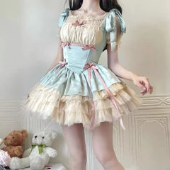 Lunivop  Fashion Sweet Lolita Sp Dress for Women Summer New Cute Cake Dresses Y2k Slim Waist Short Sleeve Bow Vestidos De Mujer