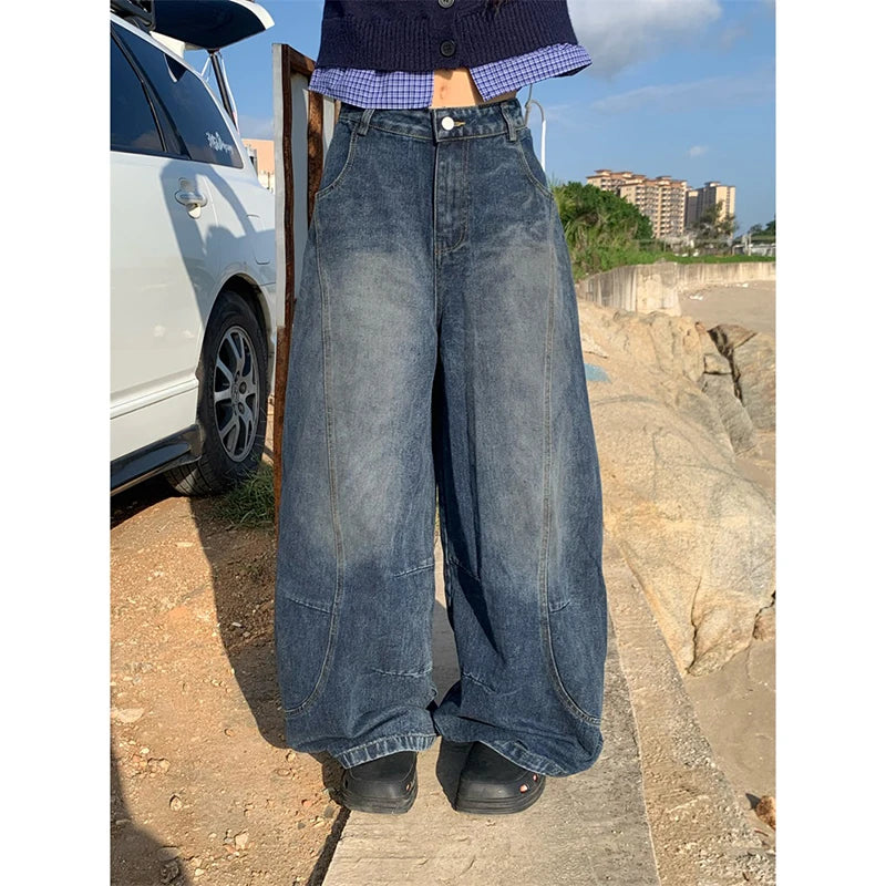 Lunivop Blue Womens Jeans High Waist Vintage Design Hip Hop Straight Baggy Denim Pants Street Y2K American Style Wide Leg Denim Trouser