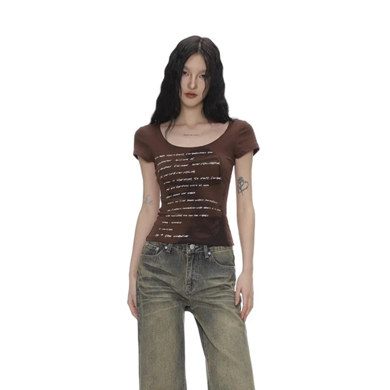 Lunivop Summer Women Retro Sweet Spicy Skinny Tops Lady Bean Green Casual T-Shirts Girls Letter Portrait Print Short Sleeve Clothes