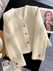 Lunivop Slim Elegant Tweed Jacket Women Vintage Long Sleeve Sweet Short Coat French Casual Vintage Lady V Neck Single Breasted Tops