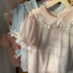 Lunivop  Mesh Peter Pan Collar Puff Sleeve Dot Shirt Preppy Style Short Student Slim Blusas Age Reduction French Exquisite Tops