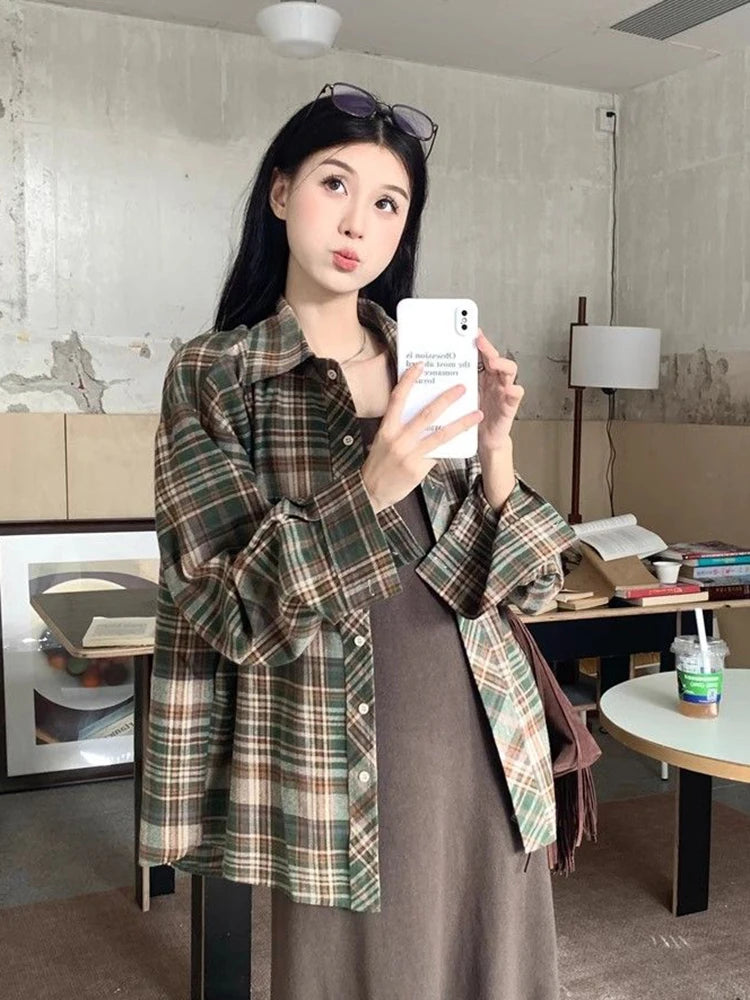 Lunivop American Y2K Plaid Shirt Women Loose Streetwear Long Sleeve Vintage Blouse Casual Oversize All Match Female Spring Tops New