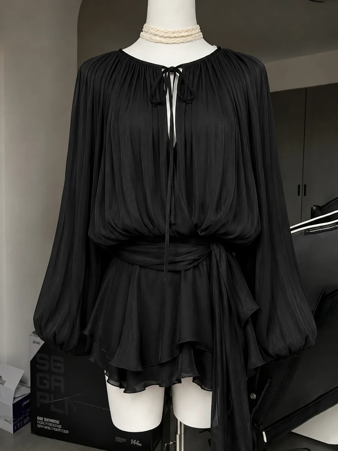 Lunivop  French Elegant Vintage Black Chiffon Dress Long Sleeve V Neck Autumn Women Sweet Dress Casual Holiday Evening Party Wear