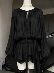 Lunivop  French Elegant Vintage Black Chiffon Dress Long Sleeve V Neck Autumn Women Sweet Dress Casual Holiday Evening Party Wear