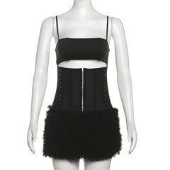 Lunivop  Women Sexy Ruffles Black Sheer Mesh Patchwork Camisole Mini Dress Hollow Out Single Breasted Spaghetti Straps Bodycon Clubwear