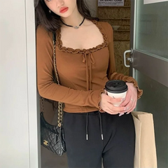 Lunivop Square Neck Pleated Sexy Tops Casual  Autumn Slim Long Sleeved T-shirt for Women's Ins Fashion Crop Top