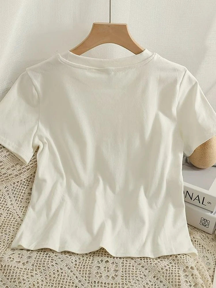Lunivop  Sweet Love Cute T Shirt Women Casual Loose O Neck Mesh Patchwork Tees Vintage Kawaii Female Short Sleeve White Tops Summer
