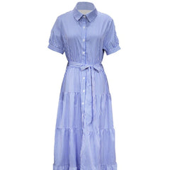 Lunivop  Women Summer Shirt Style Long Dress Retro Short Sleeve Single Breasted Sashes Striped Elegant Women's Long Streetwear