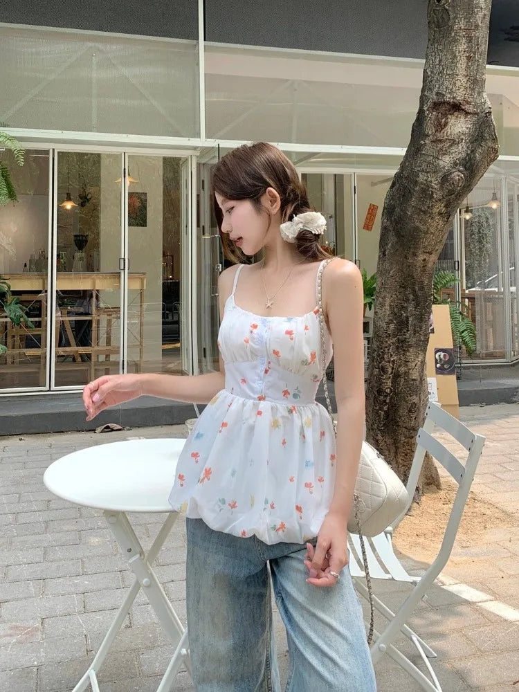 Lunivop  Woman Camis Floral Printed Slash Neck Summer Fashion Slim Sweet Elegant Female Casual Tank Tops French Style Chic