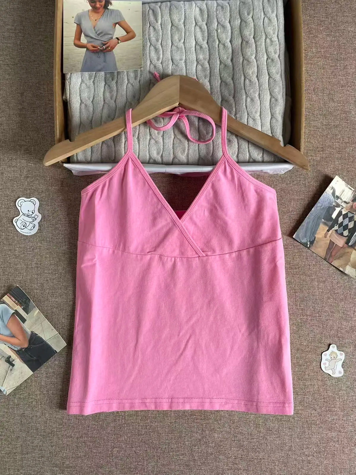 Lunivop  Mint Green V-neck Slim Tank Top Women Simple All-match Cross Cotton Backless Cropped Vests Female Sweet Cute Vintage Camisole