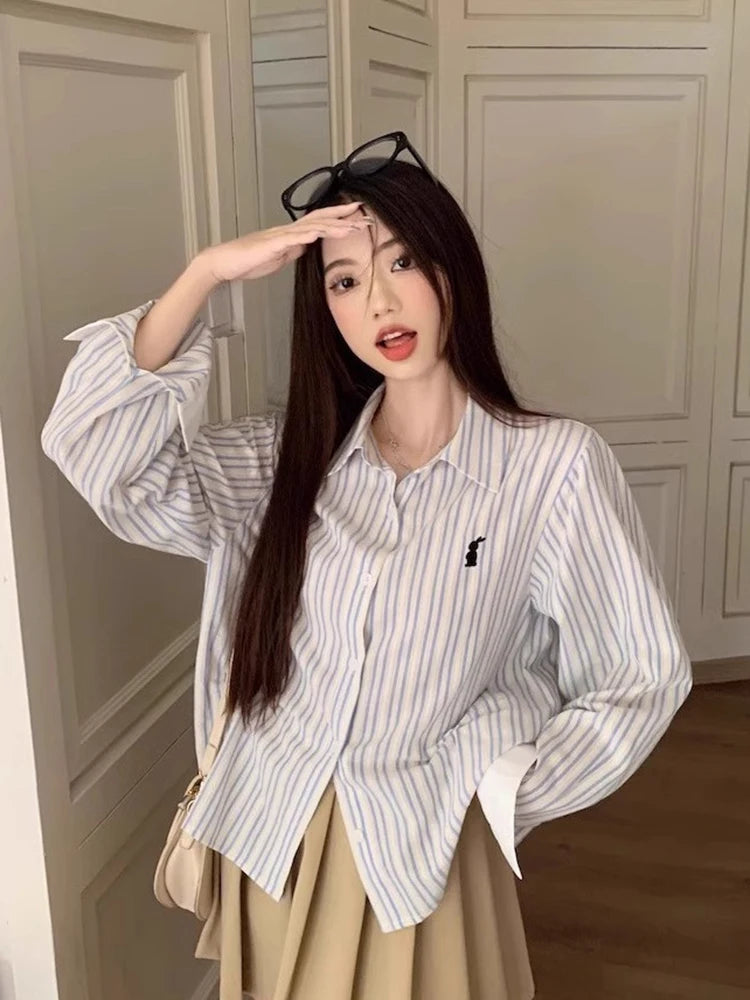 Lunivop Vintage Cute Striped Shirt Women Casual Long Sleeve Sweet Blouse Japan Spring Retro Kawaii Embroidery Female Design Tops