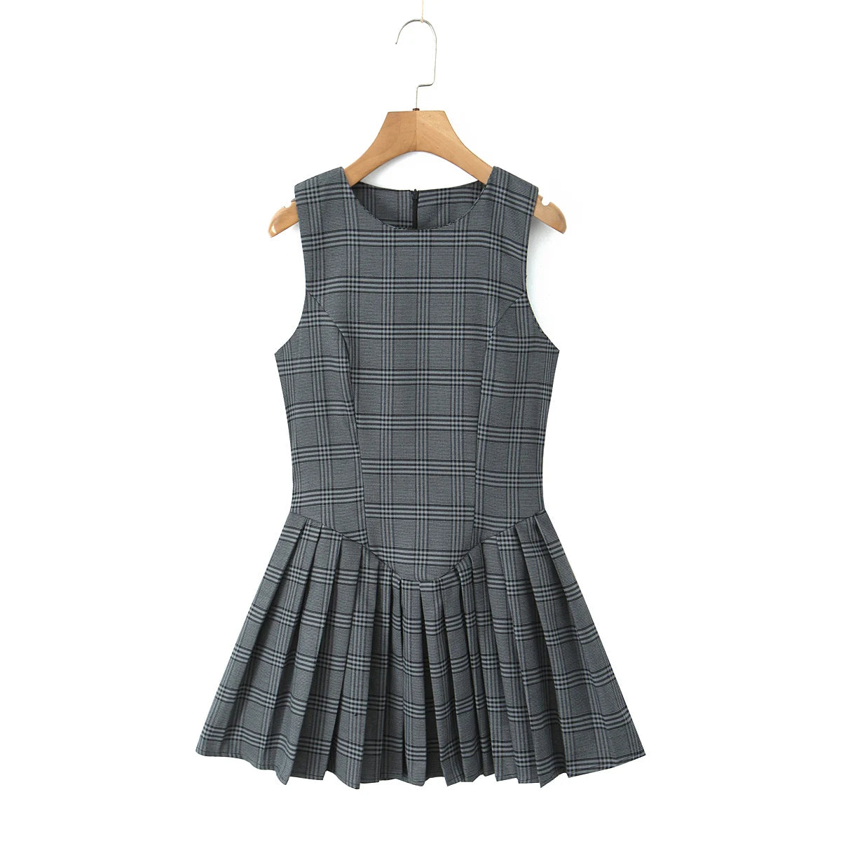 Lunivop  Sexy O neck Gray Plaid Print Sleeveless Mini Dress Low Waist Spliced Folded Pleated Swing Women Tank Dresses Short Robe