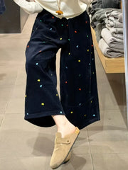 Lunivop  New Fall Winter Korean Retro Corduroy Pants Women Embroidered Wide Leg Trousers Plush Lined High Waist Casual Straight Leg Pants
