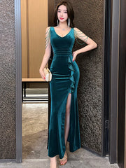 Lunivop  Spring Autumn Green Velvet Chic Tassel Sling Sexy Long Dress Women Elegant Ruffle Slit Dress Korean Fashion Bodycon Dresses