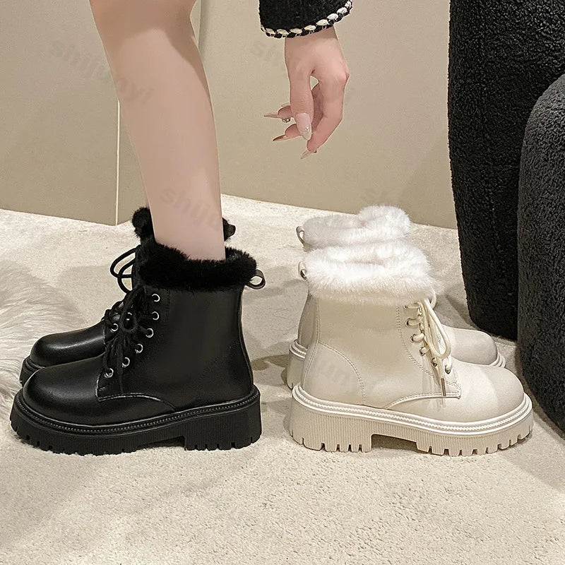 Lunivop Snow Boots for Women Female Shoes 2025 Winter Women Footwear Plush Round Thick Heel Leather Ankle Boots Ladies Platform Booties