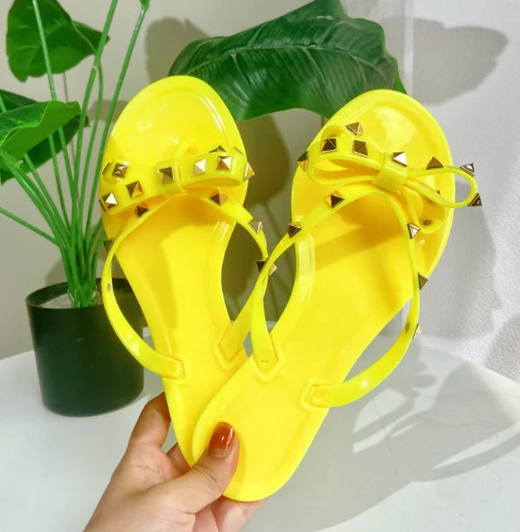 Lunivop  Ladies Leisure Waterproof Shoes Summer Zoris Slippers In Flats Clear Yellow Flip-Flops With Gold Stud Bow-Knot PVC Slides 36-42