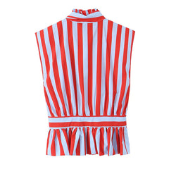 Lunivop  Bow Tie Neck Sleeveless Striped Blouse Women Ruffle Hem Shirt Summer Tops