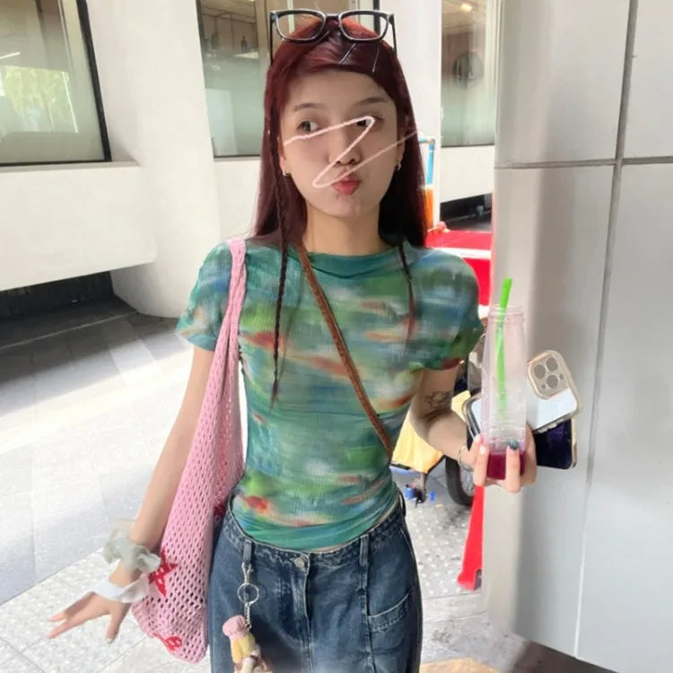 Lunivop  Summer New All-match Tops Mujer Mesh Short Sleeve T-shirt for Women Y2k E-Girl Slim Fit Irregular Print Tee Shirt