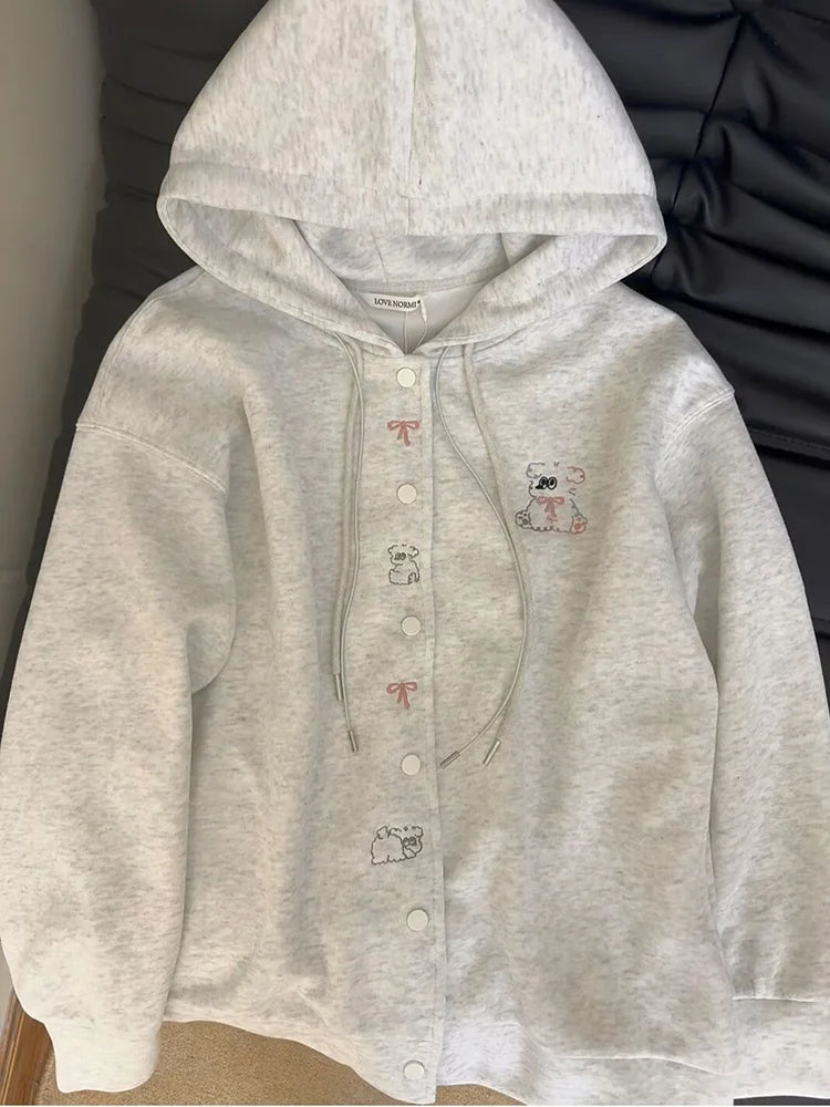 Lunivop Cartoon Embroidery Cute Hoodies Women Vintage Oversize Loose Long Sleeve Sweatshirts Preppy Style Kawaii Japan Lady Outwear Tops